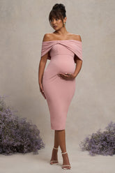 Blush Bardot Bow Maternity Midi Dress with Ruching